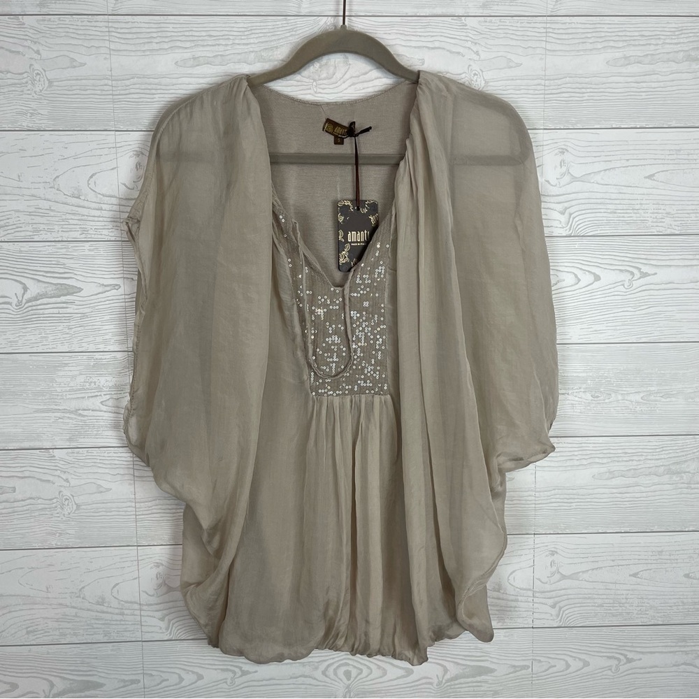 Amanti Silk Taupe Blouse Size Small NWT